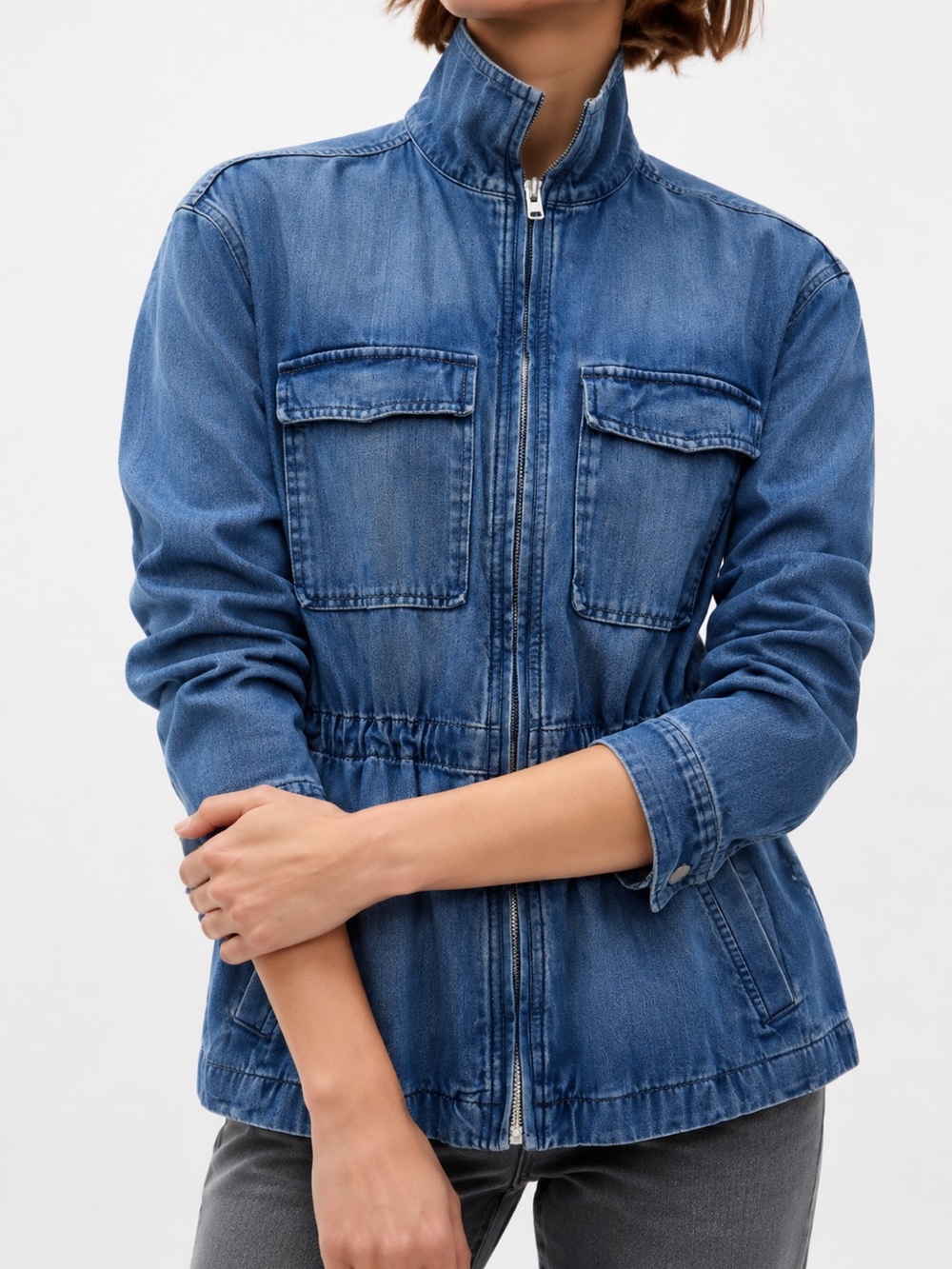 Gap $118 100% cotton Cinch-Waist Zip Denim Utility Jacket JG